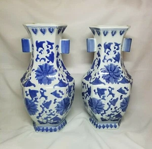Pair of Large Blue and White 6 Sided  Porcelain Vase-Floral Pattern 14"  - Picture 1 of 12