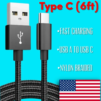 Cable USB Tipo C, USB A a USB C 3A Carga Rápida (6 pies Negro) Lote Trenzado EE. UU. Foto 1 de 4