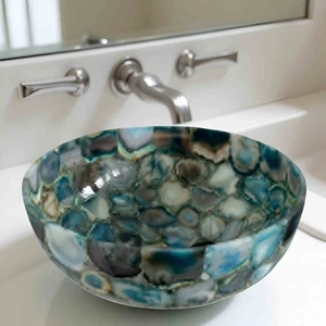 Blue Green Agate Vessel Sink Basin for Bathroom & Kitchen Decor Handmade Stone - Picture 1 of 8
