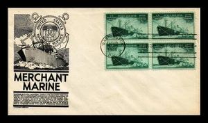 DR JIM STAMPS US COVER WWII MERCHANT MARINE FDC SCOTT 939 BLOCK OF 4 ANDERSON - Picture 1 of 2