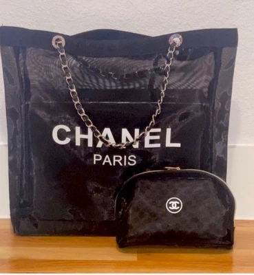 CHANEL Black Mesh Tote Bag & Makeup Pouch Set GWP Gift w/ Gold Hardware NEW - Image 1 of 4