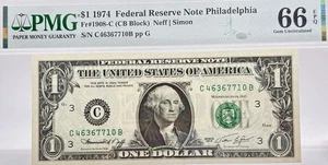 1974 $1 Federal Reserve Note PMG Gem Unc 65 EPQ Philadelphia ~C46367710B~ #14586 - Picture 1 of 5