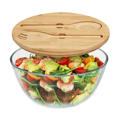 Ensaladera de vidrio, mezclador de 4,7 cuartos de galón con tapa y utensilios incorporados, versátil... Foto 1 de 4