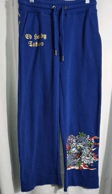 Ed Hardy Tiger Lotus Sweatpants Tattoo Flare Women’s XS Fleece Jogger Raw Hem - Image 1 of 4