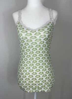 Camiseta sin mangas Hollister vintage con ribete de encaje talla mediana blanca verde floral camisola Foto 1 de 4