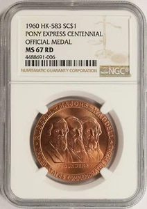 Pony Express Centennial 1960 HK-583 llamado dólar SC$1 NGC MS67RD - Imagen 1 de 4