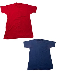 VIntage 80s Selvedge Blank Basic Pocket T Shirt Mens L Faded Blue Red (Lot Of 2) - Picture 1 of 12