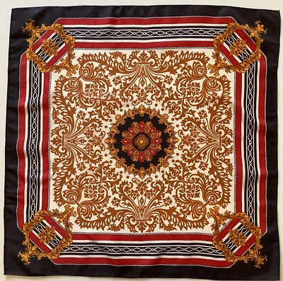 D5 A Black Gold And Red Classic Design 26 Inch Square Vintage Crepe Scarf - Image 1 of 4