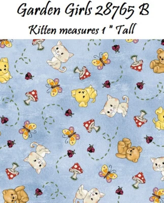 Garden Girls Cotton Quilt fabric QT 28765 B Small Cat Dog Butterfly Ladybug Blue - Image 1 of 4