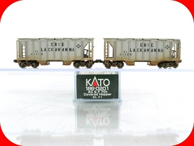 N Scale **ERIE LACKAWANNA** Weathered 2-Bay Hoppers #21019,21035 - KATO 186-0201 - Image 1 of 4