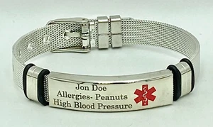 Custom Engraved Medical Alert ID Bracelet Mesh Band Stainless Steel Adjustable - Picture 1 of 9