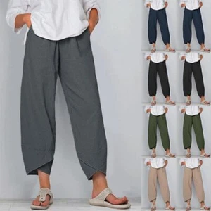 UK Summer Womens Ladies Cotton Linen Baggy Loose Harem Pants Trousers Plus Size - Picture 1 of 17
