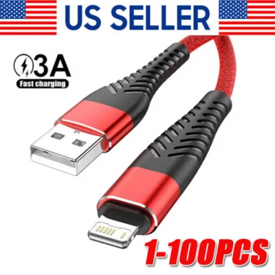 Braided Fast Charger Cable Heavy Duty USB lot Cord For iPhone 14 13 12 11 X XR 8 - Image 1 of 4