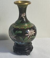 Vintage Black Cloisonne Vase w/ Flowers And Birds 5”