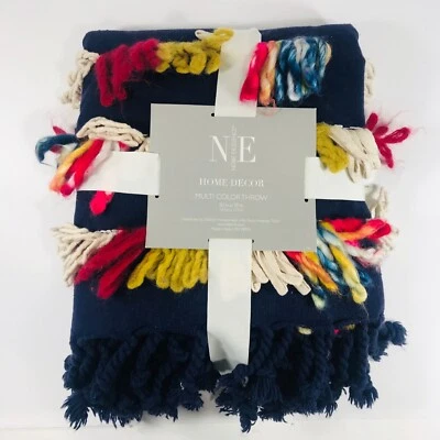 Multi Color Fringed Throw Blanket 50" X 70" Blue Holiday Gift Noble Excellence - Image 1 of 4