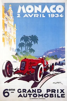 GREATVINTAGEPOSTERS 1934 MONACO GRAND PRIX AUTOMOBILE RACING STREET CAR RACE VINTAGE POSTER REPRO