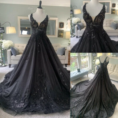 Черный готический свадебные платья V шеи блестки кружева аппликации Sweep поезд бальные платья - Изображение 1 из 4