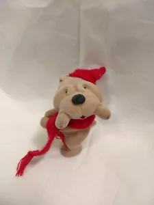 Vintage Floccato Bulldog Cucciolo Cane Figura Babbo Natale Cappello Sciarpa Peluche COREA 4" CWT K-18 Giocattolo - Foto 1 di 9