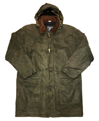 Abrigo de Lona Raro Burberrys London Hecho en EE. UU. Cuero Verde Con Capucha Talla M Foto 1 de 4