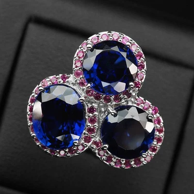ANELLO ARGENTO 925 FATTO A MANO TRIPLO ZAFFIRO BLU REALE 21 CT AUREOLA... - Immagine 1 di 4