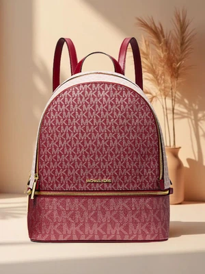 Mochila para mujer Michael Kors Rhea mediana metálica firma logotipo MK cereza” Foto 1 de 4