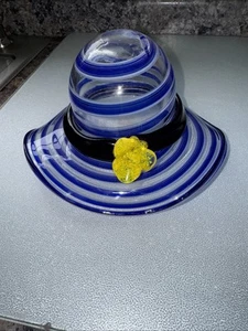 Heavy Art Glass Hat Shaped Fish Bowl Vase With Yellow Flower Blue White Lines - Picture 1 of 4