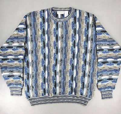 Norm Thompson Sweater Men Sz XL Blue 3D Knit Vintage 1990s Textured Cosby Biggie - Image 1 of 4