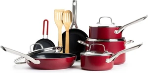 Textured Ceramic Nonstick, 12 Piece Cookware Pots 12-piece cookware set, Red  - Picture 1 of 7