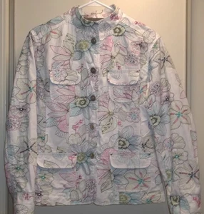 Chico's 1-Small White Embroidered Floral Front Snaps 100% Cotton Jacket. - Picture 1 of 6