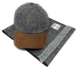 Juego de gorra y bufanda de béisbol Harris Tweed en espiga gris y negra - Imagen 1 de 7