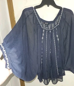Lucky Brand Sheer Navy Blue Embroidery Dolman Poncho Top XS/S Summer Vibes  - Picture 1 of 6