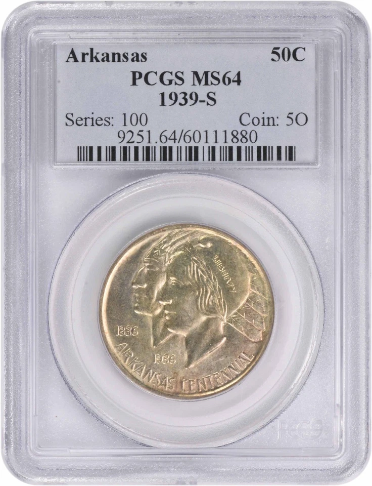 Arkansas Commemorative Silver Half Dollar 1939-S MS64 PCGS - Image 1 of 2