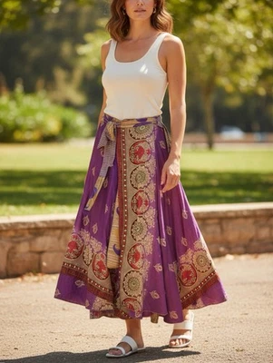 Recycled 100% Silk Long Maxi Wrap Skirt Free Size Paisley Purple Gypsy Boho - Image 1 of 4