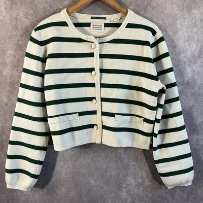 Cárdigan Scotch & Soda Mujer Grande Verde Pino Blanco Rayas Botón Suéter Preppy Foto 1 de 4
