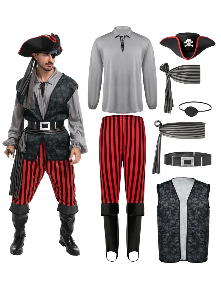 Conjunto de Disfraz de Pirata para Hombre Completo con Camisa, Chaleco, Pantalón, Sombrero y Accesorios Foto 1 de 4