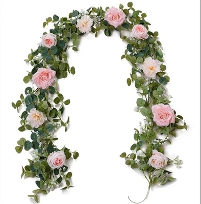 2PCS 5.91FT Artificial Eucalyptus Garland with Flowers, Fake Rose Gypsophila ... - Image 1 of 4