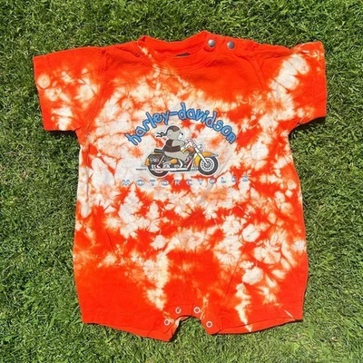 Y2K Harley-Davidson Tie Dye Bebé Mameluco Motocicleta Oso Naranja Blanco 24 Mo Usado en Excelente Condición Foto 1 de 4