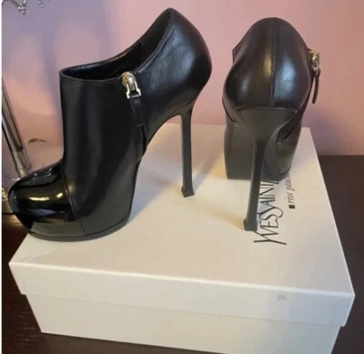 Botines YSL Yves Saint Laurent Tribute Plataforma Cuero Negro Charol Puntera 36 Foto 1 de 4