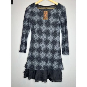 NEW Reborn long sleeve plaid goth grunge preppy dress ruffle grey black size M - Picture 1 of 6