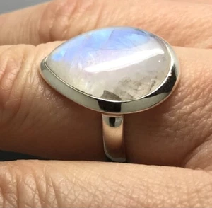 Rainbow Moonstone pear ring solid Sterling Silver size P, 20 x 15mm. Actual one - Picture 1 of 12