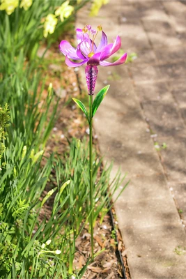 Metal Flower Garden Yard Stake and Wind Spinner Pink and Purple 34 in - Image 1 of 4