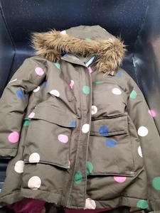 Boden Polka Dot Army Green Fur Hooded Girl's Winter Jacket Size 11-12Y Preowned - Picture 1 of 8