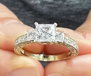 Princess Diamond Engagement Ring Three Stone IGI Certified 14k Yellow Gold 1.60 - Picture 1 of 13