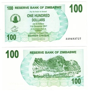 2007 Zimbabwe 100$ DOLLAR Bearer Cheque P42 Banknote UNC AA prefix - Picture 1 of 1