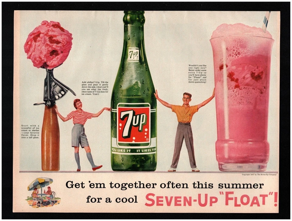 1957 7up Original Print Ad soft drink soda bottle Pink Strawberry Seven-Up Float - Image 1 of 1