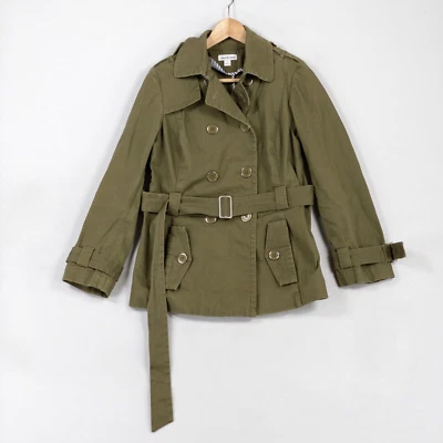 Chaqueta de trinchera Joan Rivers para mujer pequeña verde oliva algodón elástico con cinturón * Foto 1 de 4