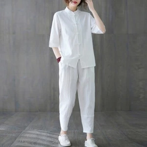 Women Blouse Pants Sets Chinese Style Hanfu Ethnic Frog Button Tai Chi Top Shirt - Picture 1 of 10