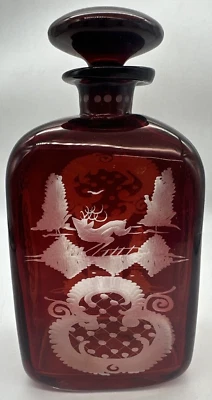 Bohemian Czech Red Cut To Clear Rectangular Liquor Decanter W/ Stopper Stag Deer - Image 1 of 4