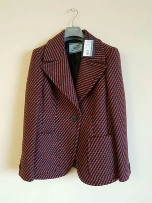 Auth Prada New With Tags Red/Black Herringbone Tweed Wool Single-Button Jacket - Image 1 of 4