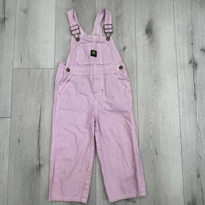 John Deere Pink & White Striped Denim Long Pant Overalls Girls 4T - Picture 1 of 5